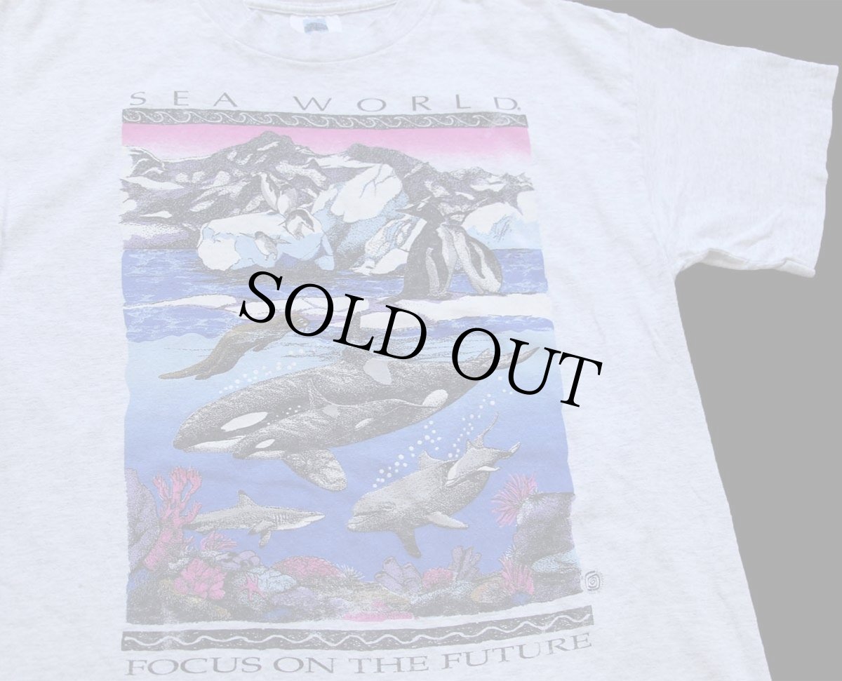 画像1: 90s USA製 SEA WORLD FOCUS ON THE FUTURE 両面プリント アート コットンTシャツ 杢グレー L (1)