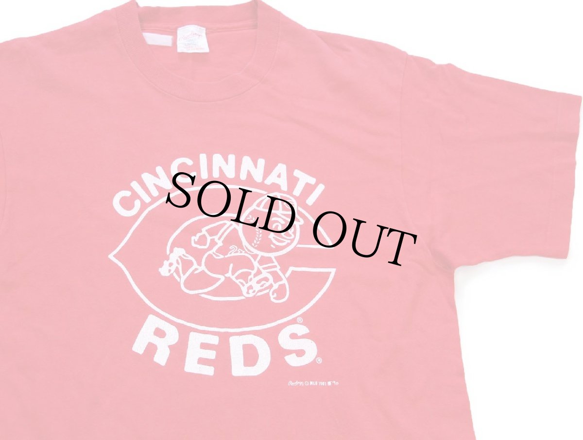 画像1: 90s USA製 Rawlings MLB CINCINNATI REDS マスコット ひび割れプリント コットンTシャツ 赤 L (1)
