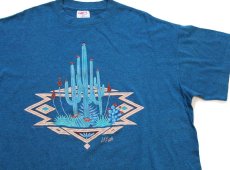 画像1: 90s USA製 Utah サボテン ネイティブ柄 アート 発泡プリント Tシャツ 青×紺 ミックス XL (1)