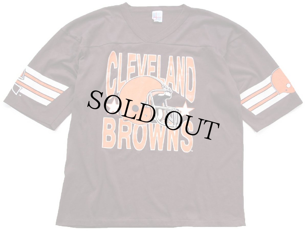 画像1: 80s USA製 NFL CLEVELAND BROWNS Vネック フットボールTシャツ 焦げ茶 XL (1)