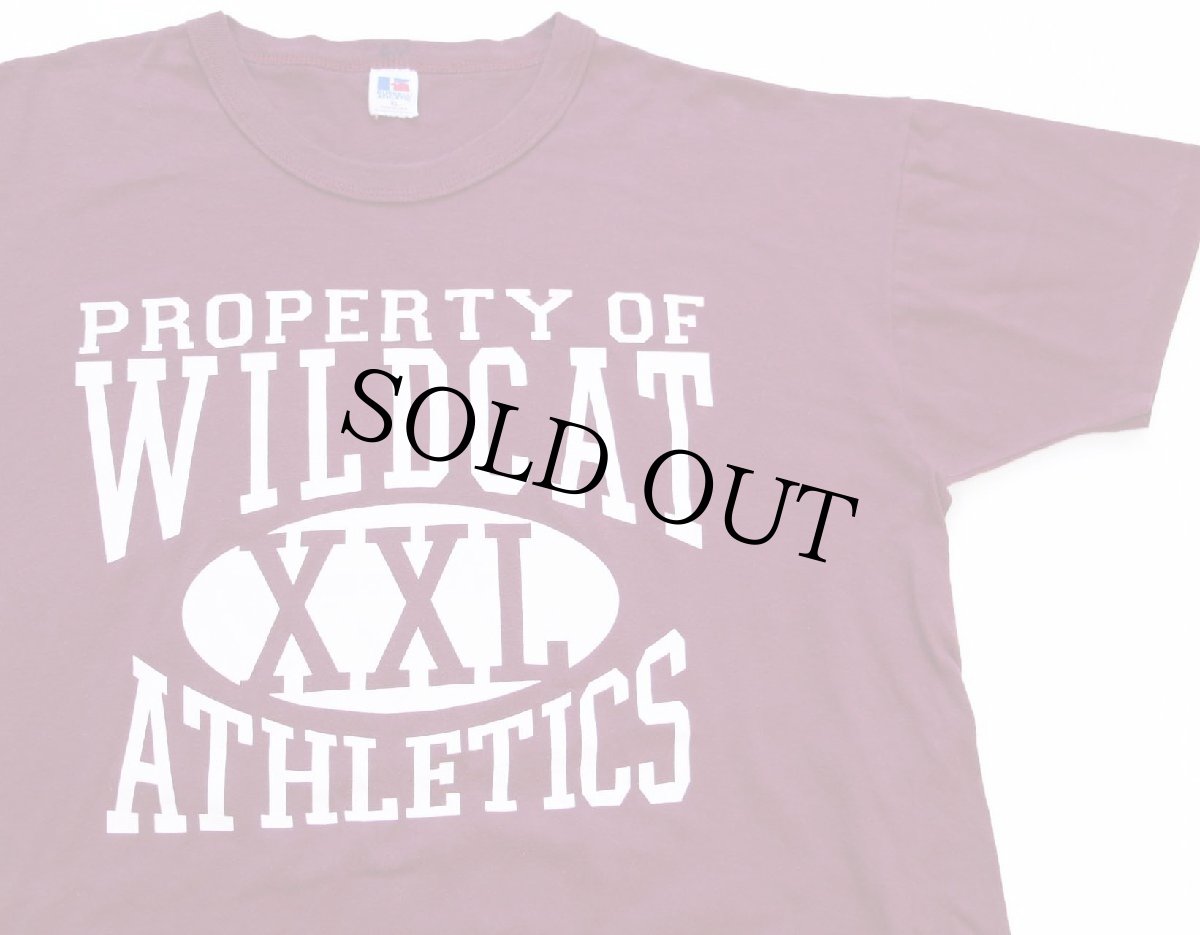 画像1: 90s USA製 RUSSELLラッセル PROPERTY OF WILDCAT ATHLETICS 四段中抜きプリント Tシャツ バーガンディ XL (1)