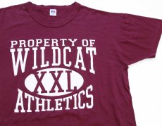 画像1: 90s USA製 RUSSELLラッセル PROPERTY OF WILDCAT ATHLETICS 四段中抜きプリント Tシャツ バーガンディ XL (1)