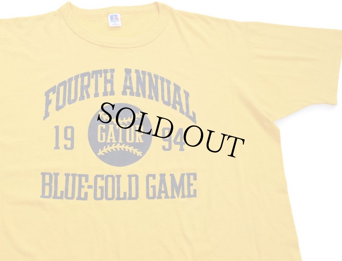画像1: 90s USA製 RUSSELLラッセル FOURTH ANNUAL GATOR BLUE-GOLD GAME 三段中抜きプリント Tシャツ 濃黄 XXL★特大 (1)