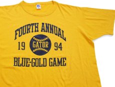 画像1: 90s USA製 RUSSELLラッセル FOURTH ANNUAL GATOR BLUE-GOLD GAME 三段中抜きプリント Tシャツ 濃黄 XXL★特大 (1)