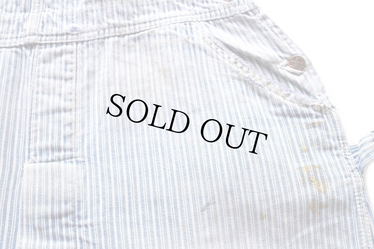 画像8: 60s ROUND HOUSEラウンドハウス ペンキ飛び ランダムヒッコリー ストライプ オーバーオール ボロ W36 (8)