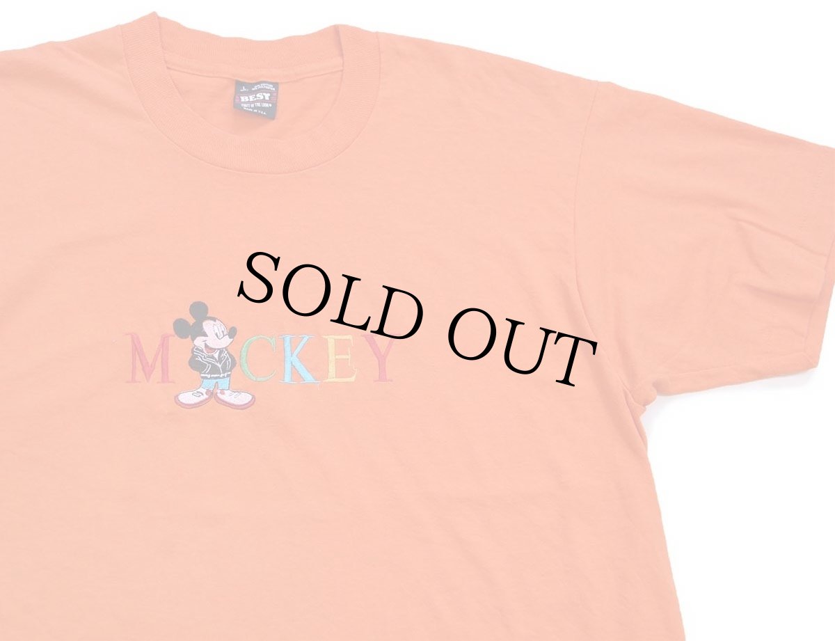 画像1: 90s USA製 MICKEY ミッキー マウス 刺繍 Tシャツ オレンジ L (1)
