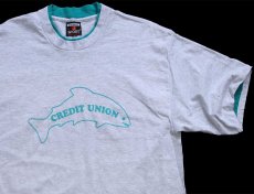 画像1: 90s USA製 CREDIT UNION レイヤードネック&スリーブ コットンTシャツ ボロ 杢ライトグレー×エメラルドグリーン L (1)