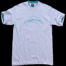 画像2: 90s USA製 CREDIT UNION レイヤードネック&スリーブ コットンTシャツ ボロ 杢ライトグレー×エメラルドグリーン L (2)