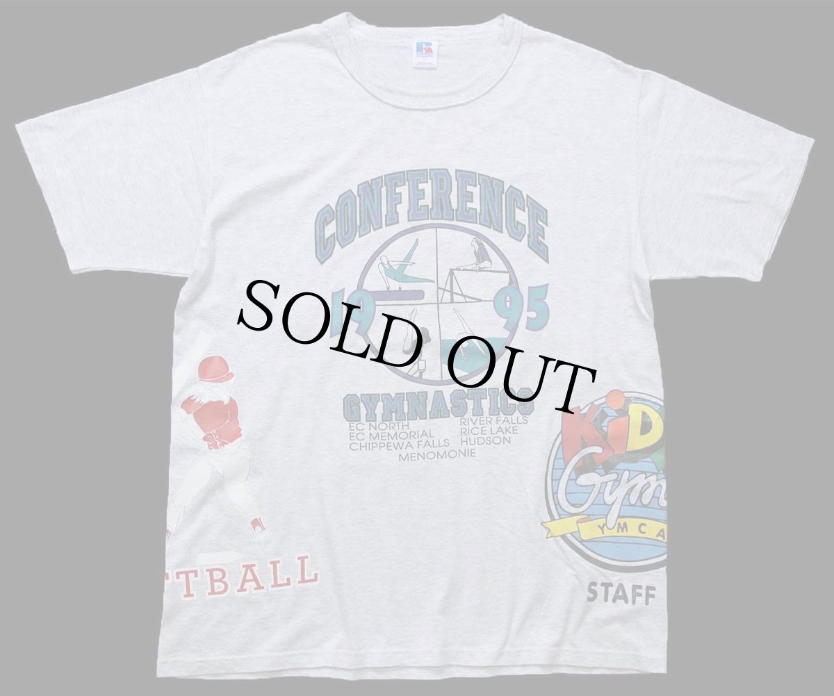 画像1: 90s USA製 RUSSELLラッセル CONFERENCE GYMNASTICS SPOONER FOOTBALL YMCA テストプリント Tシャツ 杢ライトグレー L (1)