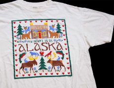 画像1: 90s USA製 MY HEART IS IN ALASKA アニマル ハート ツリー フラワー アート コットンTシャツ 生成り XL (1)