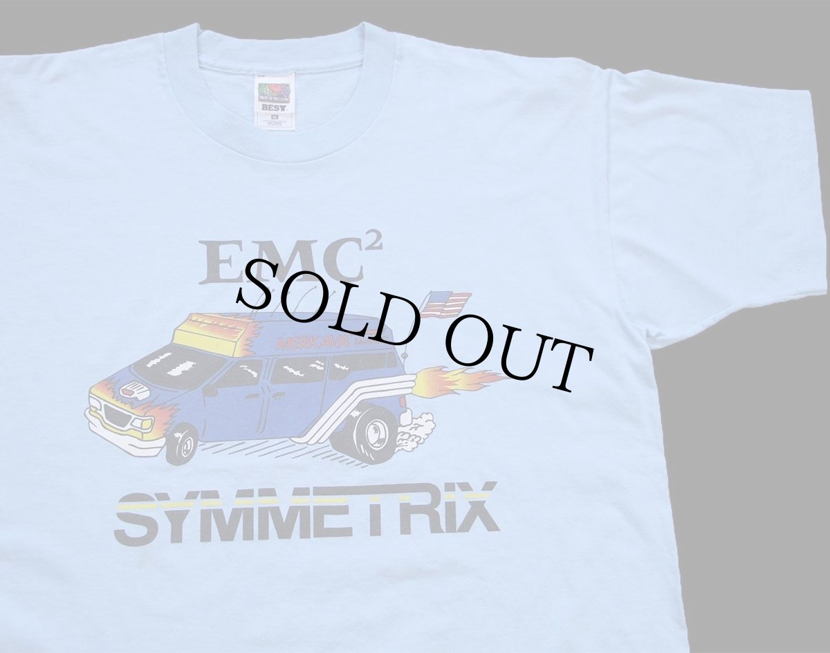 画像1: 90s EMC SYMMETRIX エコノライン バン フレイムス 星条旗 両面プリント Tシャツ 水色 XL (1)