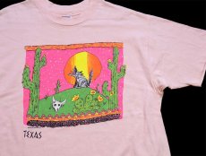 画像1: 80s USA製 Hanes TEXAS サボテン ウルフ カウスカル フラワー アート コットンTシャツ 薄ピンク XL (1)