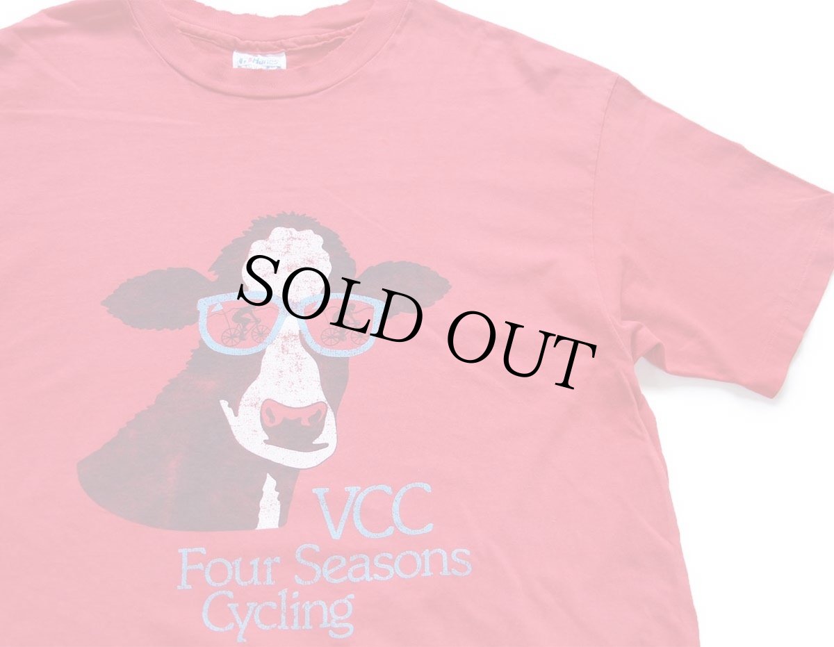 画像1: 80s USA製 Hanes VCC Four Seasons Cycling 牛 イラスト コットンTシャツ 赤 フェード XL (1)