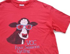 画像1: 80s USA製 Hanes VCC Four Seasons Cycling 牛 イラスト コットンTシャツ 赤 フェード XL (1)