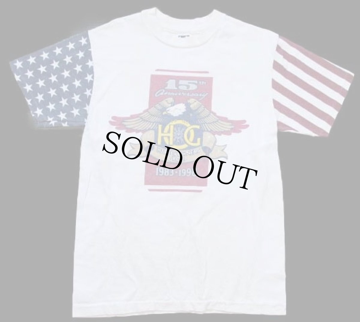 画像2: 90s USA製 HOG HARLEY OWNERS GROUP 15周年 ハーレー ダビッドソン 星条旗柄 切り替え ダメージ コットンTシャツ 生成り M (2)