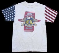 画像2: 90s USA製 HOG HARLEY OWNERS GROUP 15周年 ハーレー ダビッドソン 星条旗柄 切り替え ダメージ コットンTシャツ 生成り M (2)