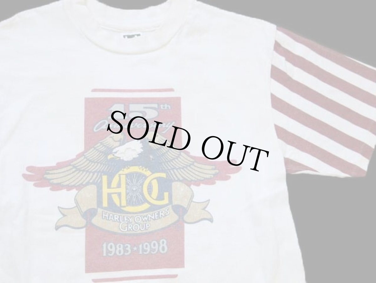 画像1: 90s USA製 HOG HARLEY OWNERS GROUP 15周年 ハーレー ダビッドソン 星条旗柄 切り替え ダメージ コットンTシャツ 生成り M (1)