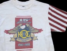 画像1: 90s USA製 HOG HARLEY OWNERS GROUP 15周年 ハーレー ダビッドソン 星条旗柄 切り替え ダメージ コットンTシャツ 生成り M (1)