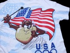 画像1: 90s Hanes Warner Bros LOONEY TUNES タズマニアンデビル 星条旗 USAオリンピック オールオーバープリント コットンTシャツ 白 XL (1)