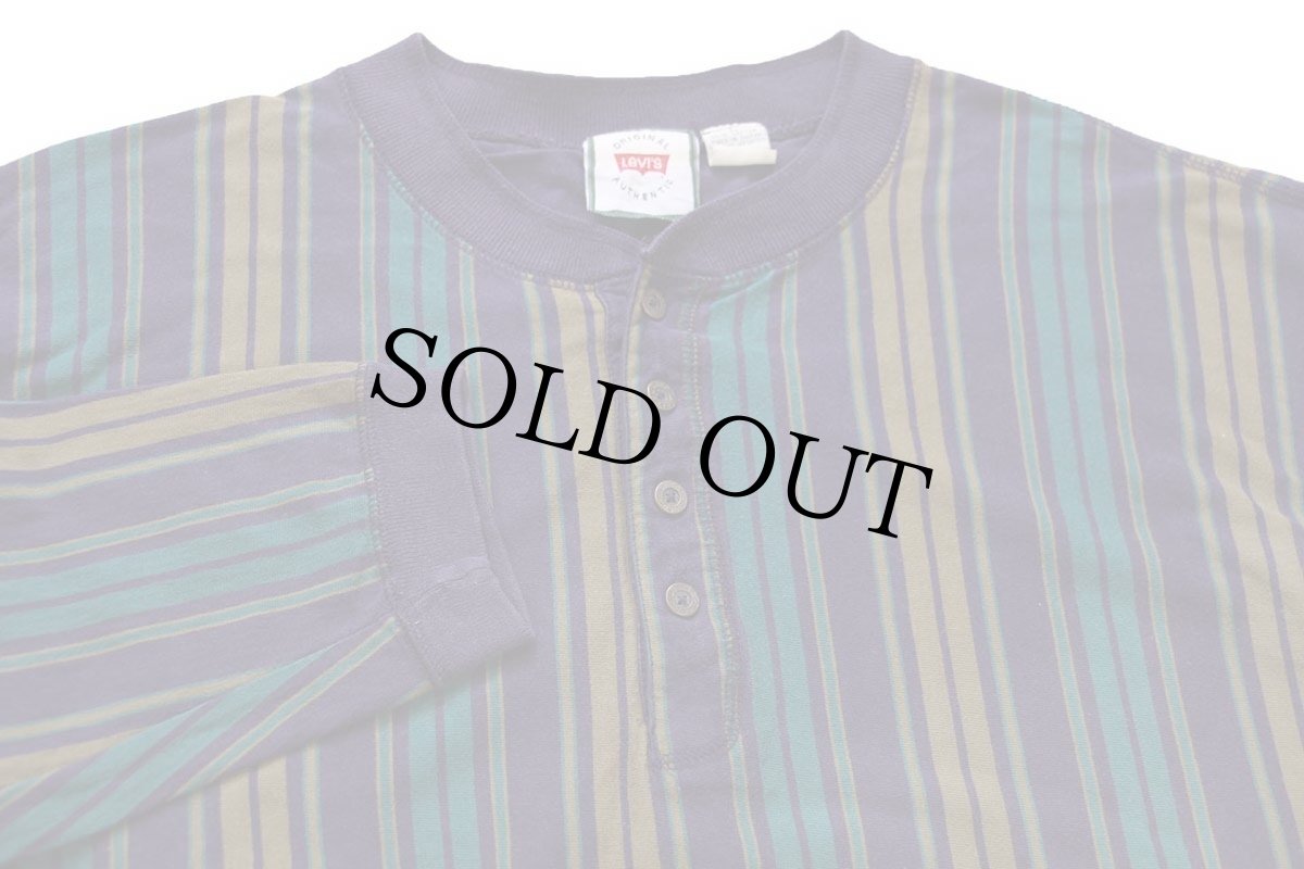 画像3: 90s Levi'sリーバイス ランダムストライプ ヘンリーネック コットン 長袖Tシャツ L (3)