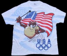 画像2: 90s Hanes Warner Bros LOONEY TUNES タズマニアンデビル 星条旗 USAオリンピック オールオーバープリント コットンTシャツ 白 XL (2)