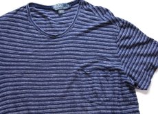 画像1: 00s ポロ ラルフローレン ランダムボーダー リネン×コットン ポケットTシャツ インディゴ×グレー L (1)