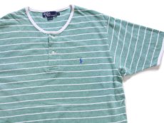 画像1: 90s ポロ ラルフローレン ボーダー ヘンリーネック コットン 鹿の子 Tシャツ 薄緑×白 L (1)