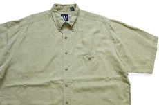 画像3: 90s GAPギャップ 無地 ポケット付き ボタンダウン 半袖 リネン×コットンシャツ 薄緑 L (3)