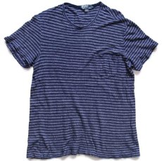 画像2: 00s ポロ ラルフローレン ランダムボーダー リネン×コットン ポケットTシャツ インディゴ×グレー L (2)