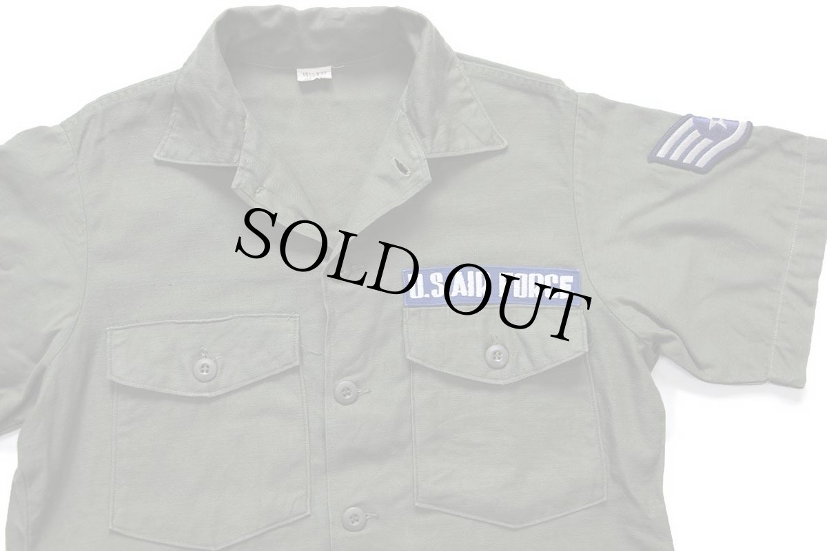 画像3: 70s 米軍 U.S.AIR FORCE パッチ付き 半袖 コットンサテン ユーティリティシャツ カスタム オリーブ 15.5 (3)