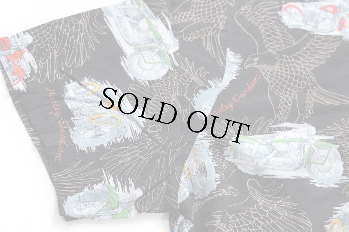 画像7: 00s ハワイ製 HARLEY-DAVIDSON ハーレー ダビッドソン 総柄 半袖 レーヨンシャツ 黒 M (7)