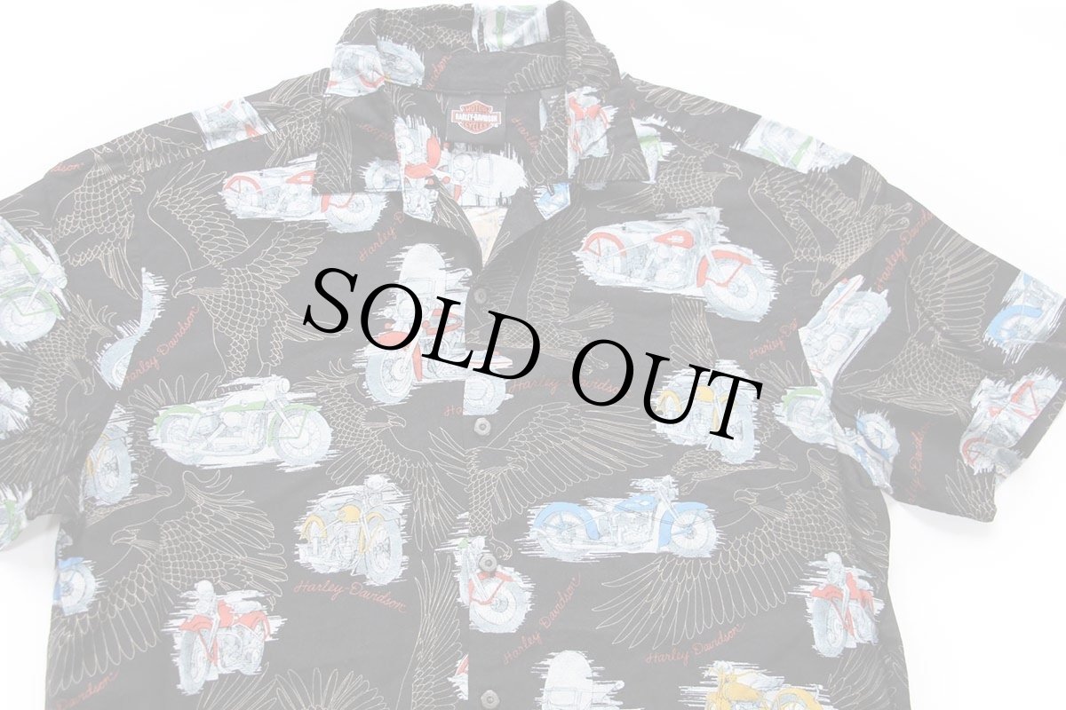 画像3: 00s ハワイ製 HARLEY-DAVIDSON ハーレー ダビッドソン 総柄 半袖 レーヨンシャツ 黒 M (3)