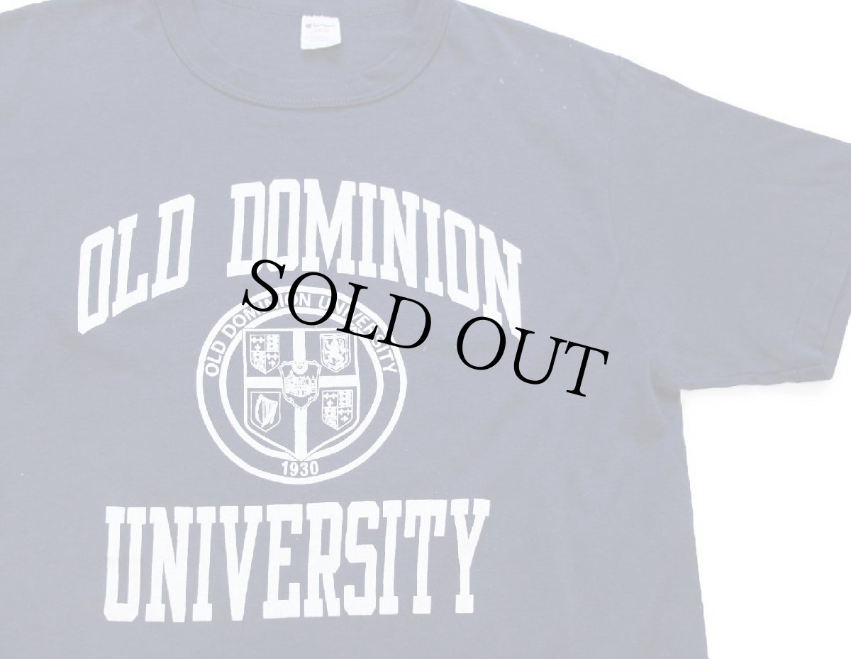 画像1: 80s USA製 Championチャンピオン OLD DOMINION UNIVERSITY ひび割れプリント ペンキ飛び Tシャツ 紺 L (1)