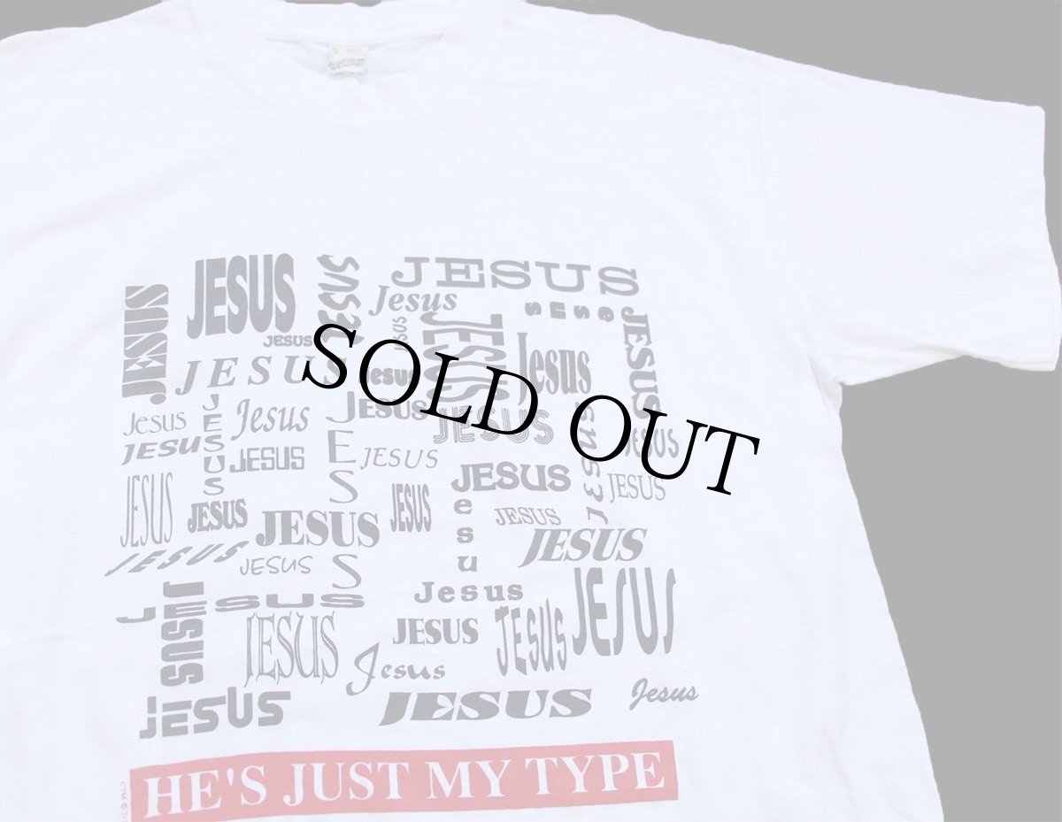 画像1: 80s HE'S JUST MY TYPE JESUS フォント コットンTシャツ 白 M (1)