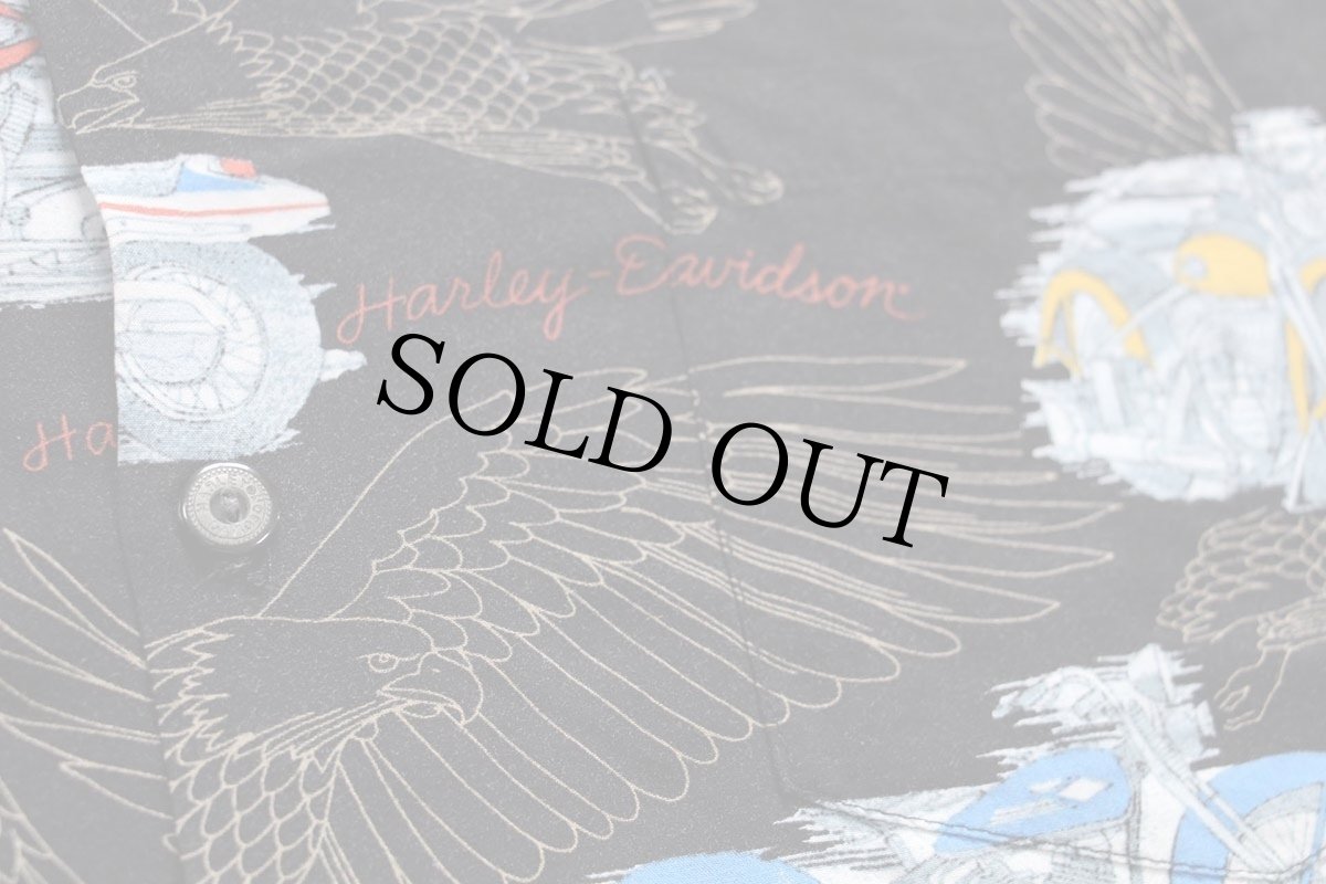 画像6: 00s ハワイ製 HARLEY-DAVIDSON ハーレー ダビッドソン 総柄 半袖 レーヨンシャツ 黒 M (6)