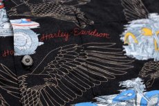 画像6: 00s ハワイ製 HARLEY-DAVIDSON ハーレー ダビッドソン 総柄 半袖 レーヨンシャツ 黒 M (6)