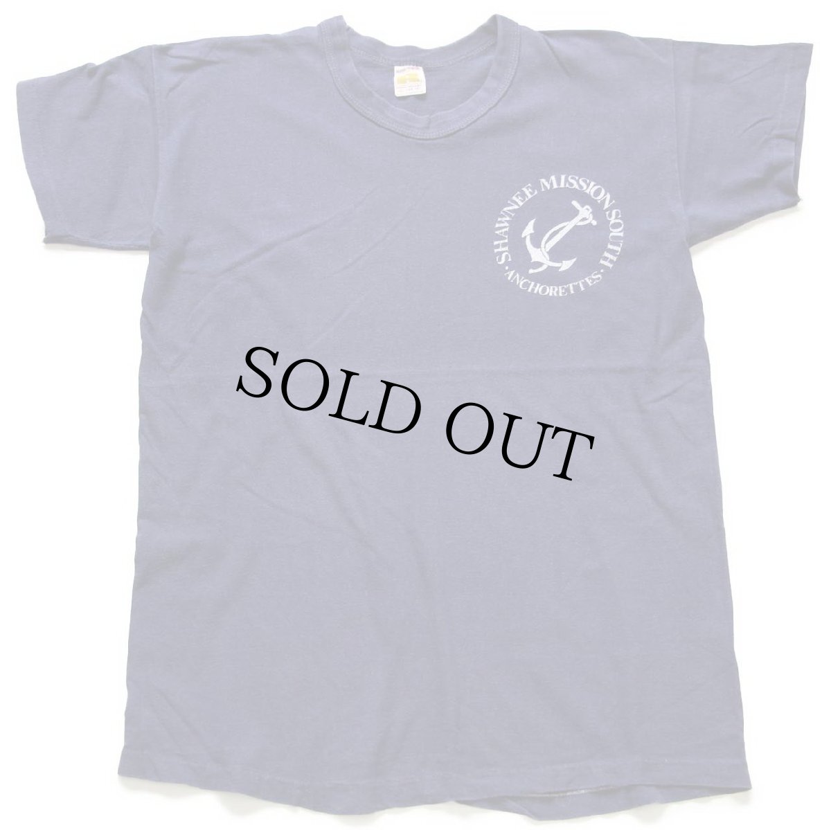 画像2: 70s USA製 RUSSELLラッセル SHAWNEE MISSION SOUTH ANCHORETTES ひび割れプリント コットンTシャツ 紺 フェード (2)