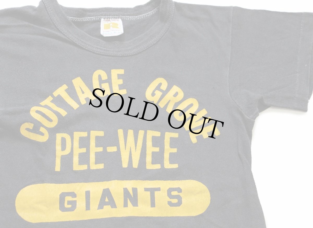 画像1: 70s USA製 RUSSELLラッセル COTTAGE GROVE PEE-WEE GIANTS 三段中抜き 14 ナンバリング コットンTシャツ 炭黒 BOYS L (1)