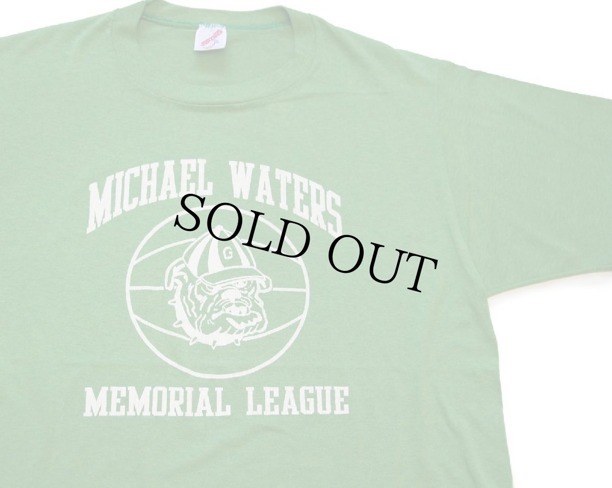 画像1: 90s USA製 MICHAEL WATERS MEMORIAL LEAGUE ブルドッグ マスコット ひび割れプリント Tシャツ 黄緑 XL (1)
