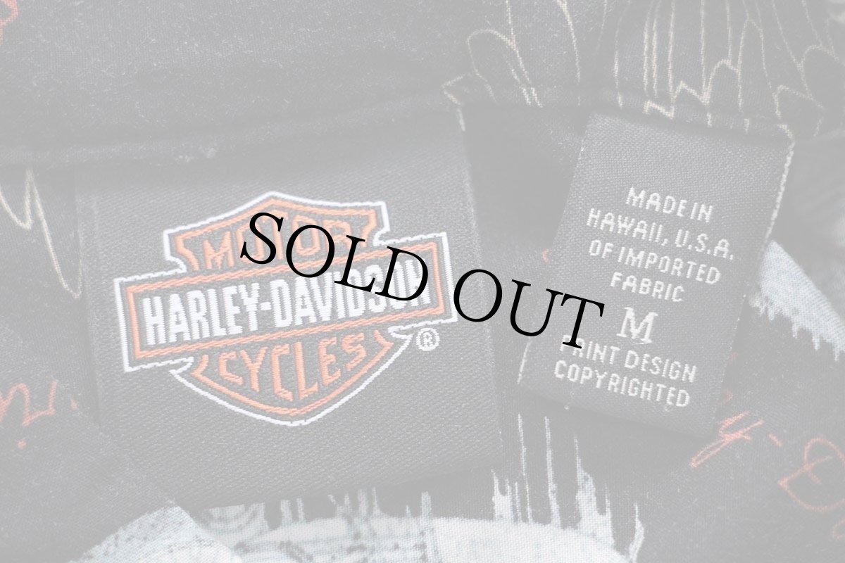 画像4: 00s ハワイ製 HARLEY-DAVIDSON ハーレー ダビッドソン 総柄 半袖 レーヨンシャツ 黒 M (4)