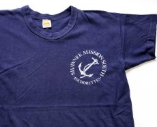 画像1: 70s USA製 RUSSELLラッセル SHAWNEE MISSION SOUTH ANCHORETTES ひび割れプリント コットンTシャツ 紺 フェード (1)