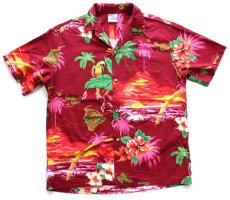画像1: ハワイ製 Hana Fashion ハイビスカス ヤシの木 オウム柄 オープンカラー コットン アロハシャツ L (1)