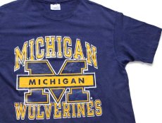 画像1: 90s USA製 Championチャンピオン MICHIGAN WOLVERINES ダメージ コットンTシャツ 紺 XL (1)