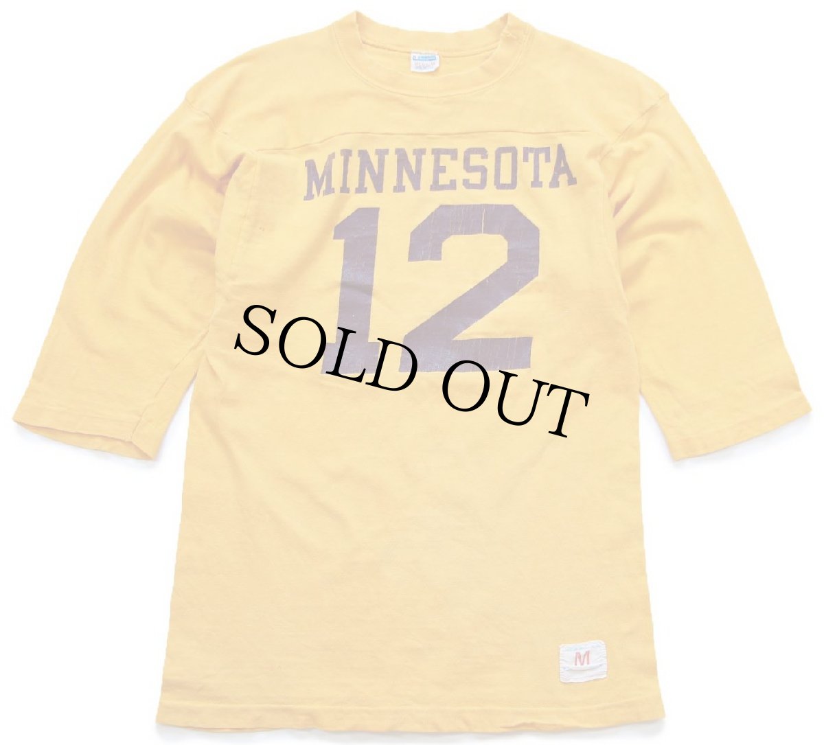 画像1: 70s USA製 Championチャンピオン MINNESOTA 12 ナンバリング ひび割れプリント コットン フットボールTシャツ マスタード M (1)