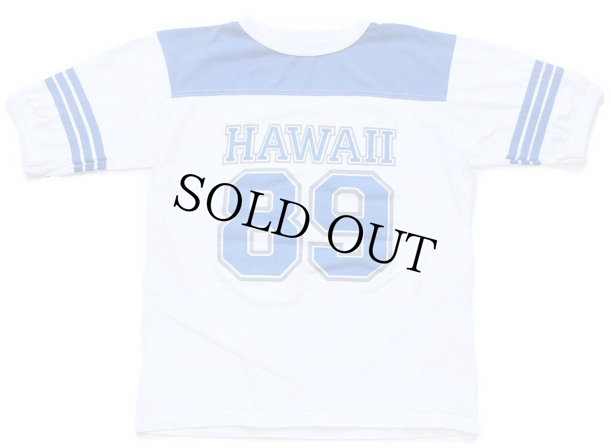 画像2: 80s USA製 HAWAII 89 ナンバリング ツートン フットボールTシャツ 白×青 L (2)