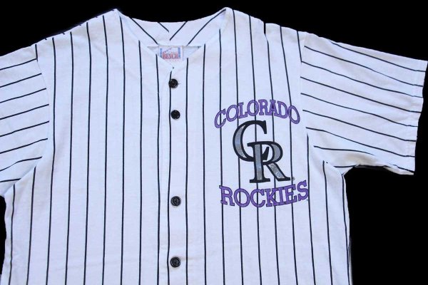 90s USA製 MLB COLORADO ROCKIES ピンストライプ ベースボールシャツ