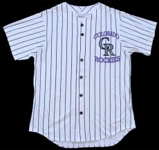 画像1: 90s USA製 MLB COLORADO ROCKIES ピンストライプ ベースボールシャツ 白×黒 M (1)