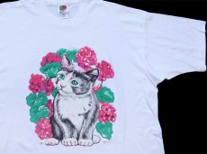 画像1: 00s キャット フラワー アート Tシャツ 白 XL (1)
