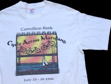 画像1: 90s USA製 Carrollton Bank Cycle Across Maryland UPS SUBARU SHIMANO 協賛 アート 両面 染み込みプリント コットンTシャツ 白 L (1)