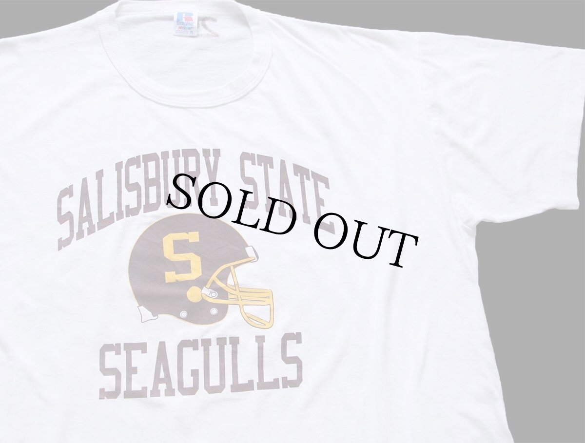 画像1: 90s USA製 RUSSELLラッセル SALISBURY STATE SEAGULLS PLAY TO WIN! アメフト 両面プリント Tシャツ 白 XL (1)